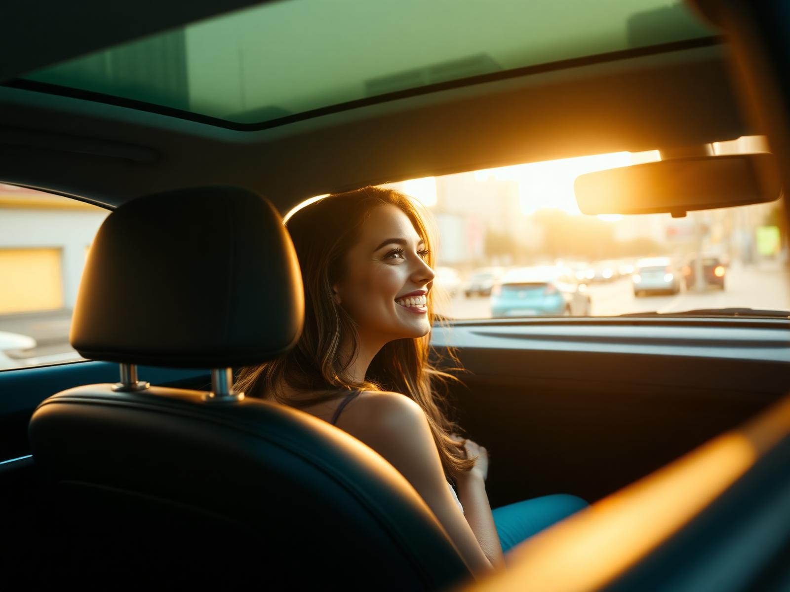 Passageira sorrindo dentro de um carro RápidoCar